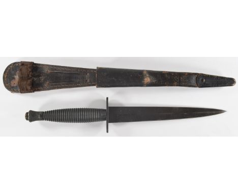Fairbairn Sykes style fighting knife by William Rogers Sheffield with 17.5cm double edged blade and leather sheath PLEASE NOT