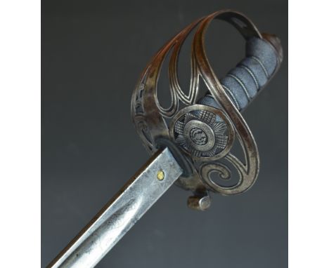 British 1854 pattern Scots Guards officer's sword with Edward VII cypher to the 82.5cm decorated blade, Thompson retailer, St
