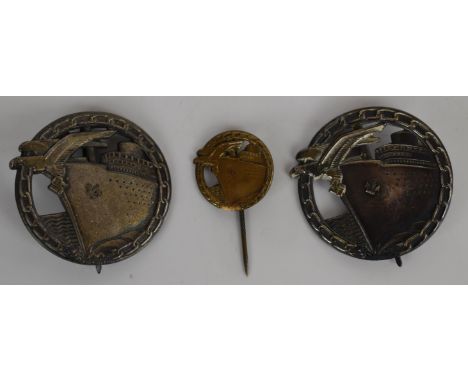 Two WW2&nbsp;German&nbsp;Nazi Third Reich blockade runner's badges together with a stick pin example