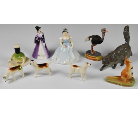 Carltonware and other Guinness advertising figures, Beswick hounds, Royal Doulton and Coalport figurines, tallest 14cm