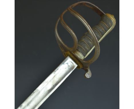 19thC three bar hilt sword with shaped shagreen and wire grip, 89cm fullered blade and scabbard PLEASE NOTE:- Before bidding 