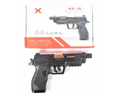 Umarex SA 10 .177 CO2 air pistol with textured composite grips and fixed sights, serial number 21F78095, in original box with