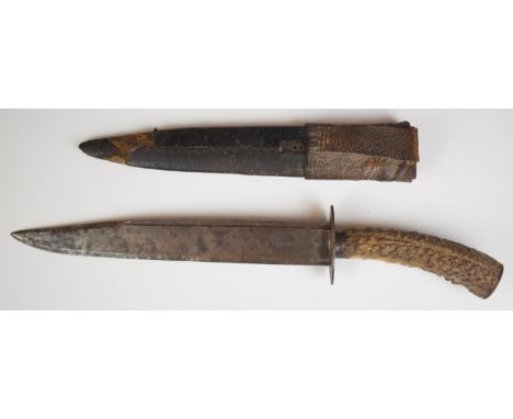 Hunting knife with horn or similar handle, 26.5cm blade and leather covered wooden scabbard.  PLEASE NOTE:- Before bidding pl