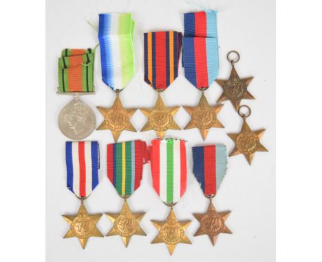 Ten British Army WW2 medals comprising 1939/1945 Star (2), France &amp; Germany Star (2), Italy Star (2), Atlantic Star, Paci
