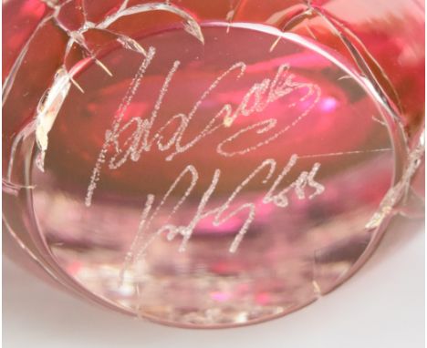 Bob Crooks for First Glass Glacier cranberry glass scent bottle with clear stopper, 22cm tall.&nbsp;