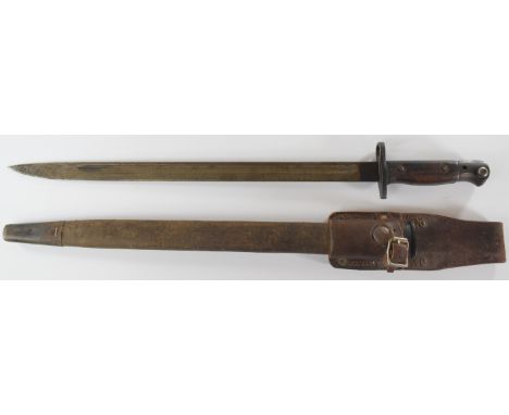 British 1907 pattern bayonet by Sanderson with some good stamps to ricasso, a 43cm fullered blade, scabbard and frog PLEASE N