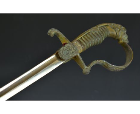 Imperial German officer's sword with lion head pommel, oak leaf decoration to knuckle bow and ferrule and 77cm plain blade, w