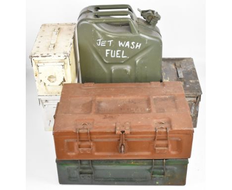 Four Army metal ammunition boxes, together with another designated a Range Warden's First Aid tin with some contents and a po