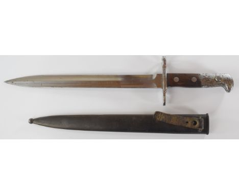 Swiss 1889 pattern bayonet with 957451 to crosspiece, Elsener Schwyz to ricasso, a 30cm double edged blade and scabbard PLEAS
