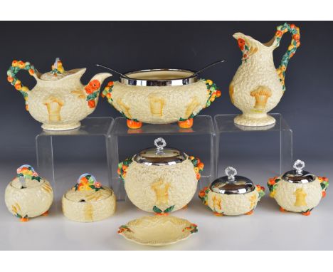 Clarice Cliff collection of Celtic Harvest pattern ceramics including teapot, biscuit barrel, fruit dish etc, tallest 16cm