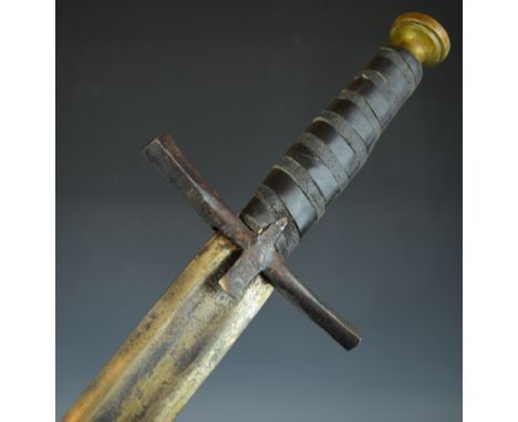Broadsword with leather bound grip and crude crosspiece, close to a relic, with 89cm double edged blade PLEASE NOTE:- Before 