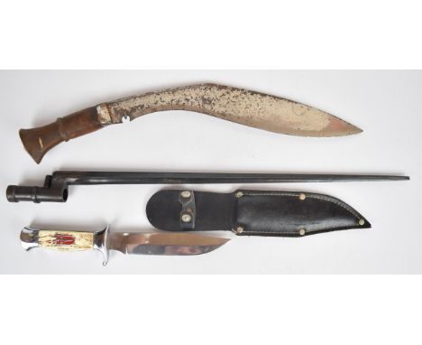 Russian Mosin Nagent bayonet with cruciform blade, together with a kukri knife with 32cm blade and a hunting knife with 15.5c