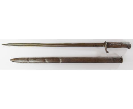 German WW1 1898 pattern bayonet with Alex Coppel Solingen to ricasso, slatted wooden grips, a 52.5cm quillback blade and scab