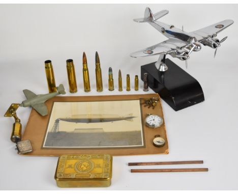 WW1 Princess Mary Christmas tin, brass trench art in the form of a light, inert rounds / brass cases, watch, compass, vesta c
