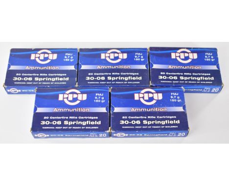 One hundred .30-06 Springfield PPU FMJ 9.7g 150gr rifle cartridges, all in original boxes.&nbsp;PLEASE NOTE THAT A VALID RELE