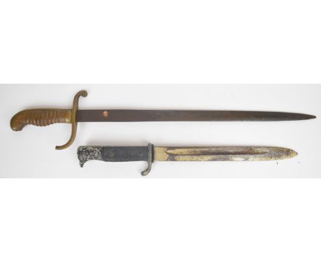 German KS98 pattern bayonet with 24cm fullered blade, together with a Naval type dirk with wooden grip and 40cm double edged 