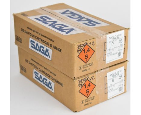 Five hundred 20 bore Saga Olympic Trap 28g 9 shot cartridges, all sealed in original boxes.&nbsp;PLEASE NOTE THAT A VALID REL