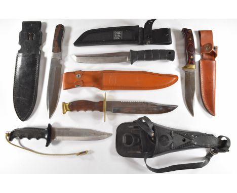 Four hunting knives comprising Jack Pyke, Halcon Inox, Muela Tanto and Scalemead, together with a diver's style knife, all wi