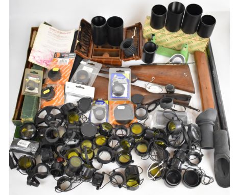 A collection of gun and shooting accessories including scope covers, stocks, Redding re-loading scales, Hawke rifles cope acc