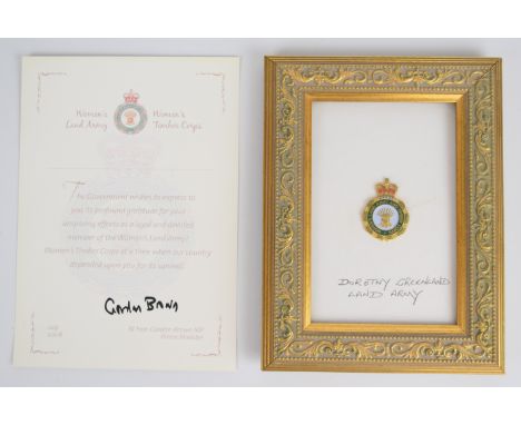 WW2 interest Women's Land Army and Women's Timber Corps framed badge and later certificate signed by the then Prime Minister 