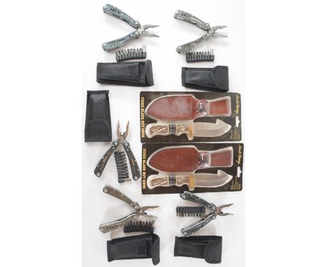 Two Uncle Henry hunting knives with sheaths, together with five multi tools, all with pouches, longest blade 11cm PLEASE NOTE
