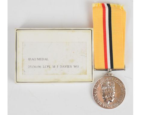 British Army copy Iraq Medal named to 25136196 L/Cpl M J Davies, Welsh Guards, with box