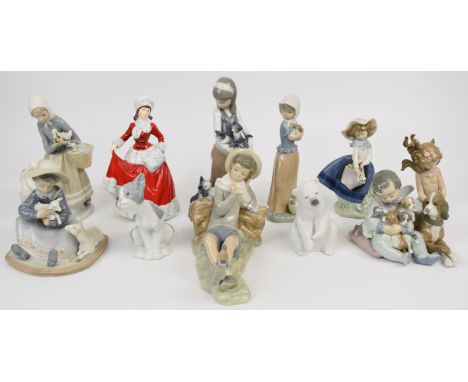 Ten Lladro / Nao and Royal Doulton figures including mermaid and children including with with lambs, puppies, kittens and a d