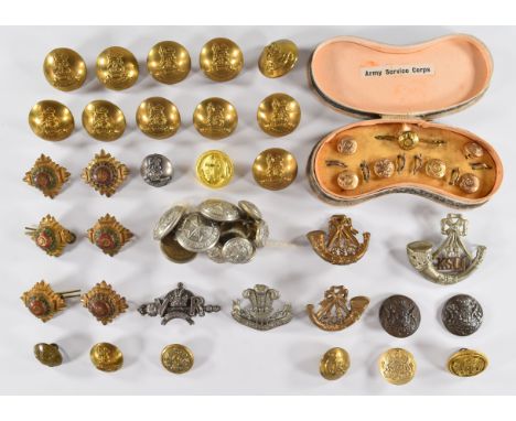 Three King's Shropshire Light Infantry badges, hallmarked silver badge with VR and Record and a set of six small Army Service