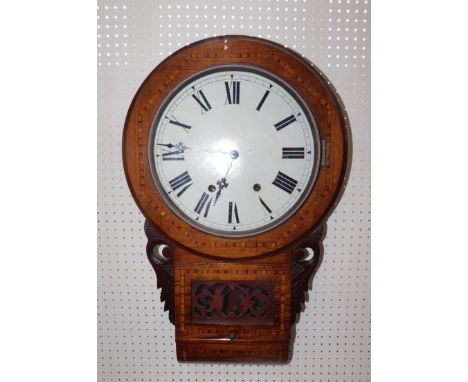 A Victorian walnut drop dial wall clock, tin circular dial bearing Roman numerals, 8 day movement with coil strike, the case 