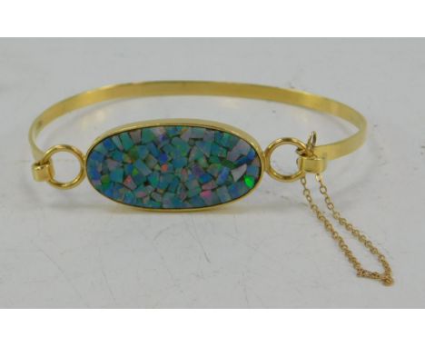 A Roman style opal doublet mosaic bracelet, set in yellow metal, with safety chain, 10.4g.