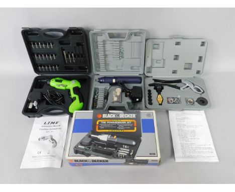A Lime cordless screwdriver, plumbers tool, Black & Decker power driver kit (cordless), and a Rotary tool kit, all cased, (4)