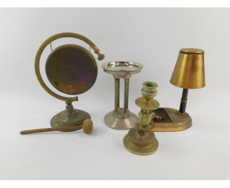 A Pullman style retro brass and tin table lamp with ash tray and cigarette holder, plated four column sweetmeat dish holder, 