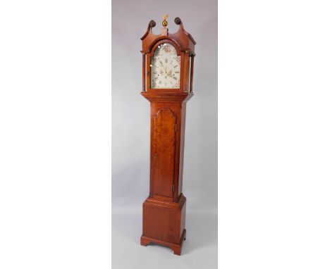 K Mozer (London). A 20thC mahogany longcase clock, the break arch dial painted with a pheasant and flowers, dial bearing Roma