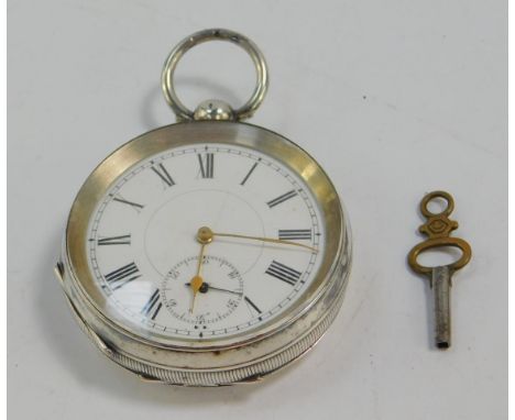 A gentleman's late 19thC pocket watch, open faced, key wind, enamel dial bearing Roman numerals, subsidiary seconds dial, Swi