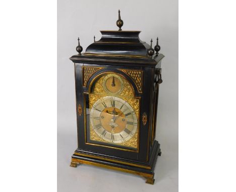 A George III ebonised bracket clock by John Archambo of London, the brass broken arch dial with fretwork spandrels decorated 