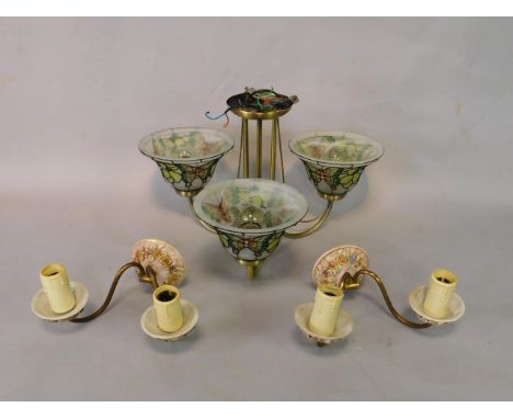 A brass and frosted glass three branch ceiling light, the shades tube line decorated with butterflies, 30cm high, together wi