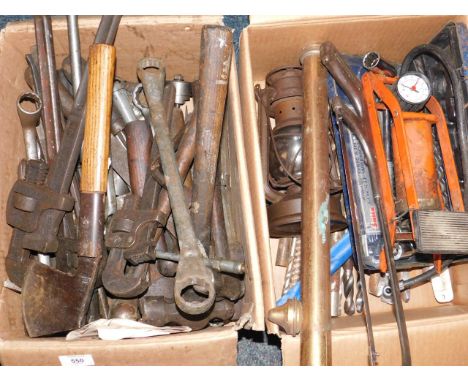 A socket wrench set, drill bits, Jena oil lamp, wrenches, spanners, and sundry other tools, (qty).