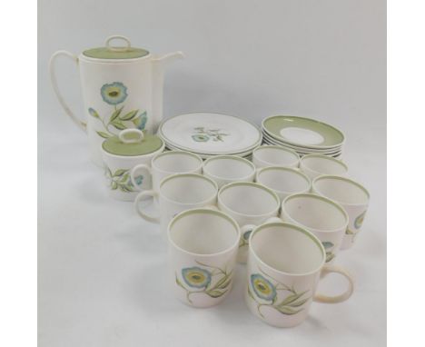 A Susie Cooper porcelain part coffee service decorated in the Katina pattern, comprising of coffee pot, eleven coffee cans an