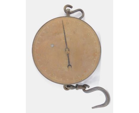 A set of Salters Trade spring balance scales, No 20T, Sylvesters Patent, 150lb x  1/2 lb, cast iron with a circular brass dia