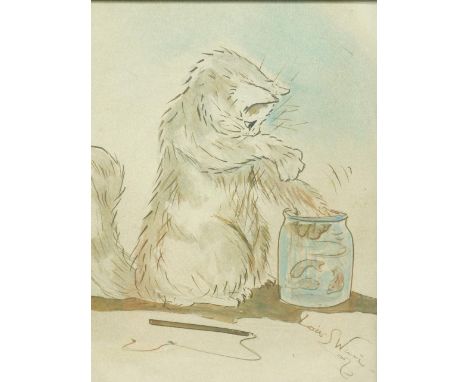 Follower of Louis Wain (1860-1939). Cat with its paw in the fish jar, watercolour, bears signature, 35cm x 29cm.