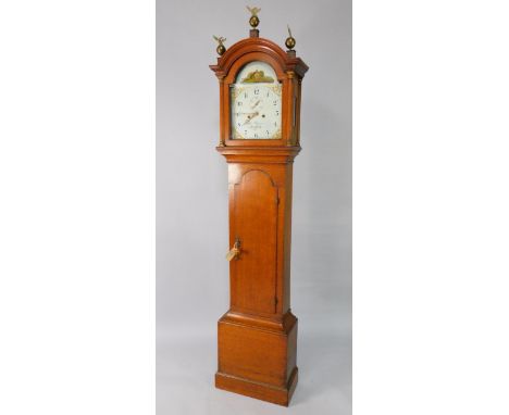 A Thomas Haynes of Stamford oak longcase clock, the painted break arch dial with Arabic numerals, subsidiary seconds dial, 8 