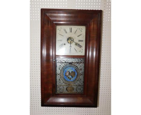 An American late 19thC rectangular walnut cased wall clock, by Jerome & Company, Newhaven, square tin dial bearing Roman nume