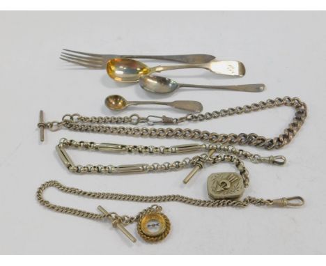 A silver curb link Albert chain, on a snap clasp, with T bar, as fitted, Victorian fancy link chain with photo locket, and a 
