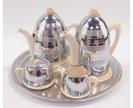 A Belgrave Pottery Heatmaster five piece tea service, c1940, in white pottery and chrome, comprising Heatmaster teapot & wate