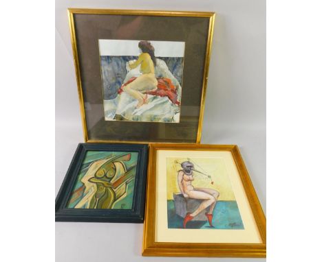 Edward Corbishley (British). Recumbent nude lady, ink and watercolour, signed, 28cm x 28cm, together with nude study, oil on 