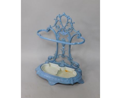 A Coalbrookdale style blue and cream painted cast iron stick stand, with foliate decoration, 61cm x 32cm x 73cm.