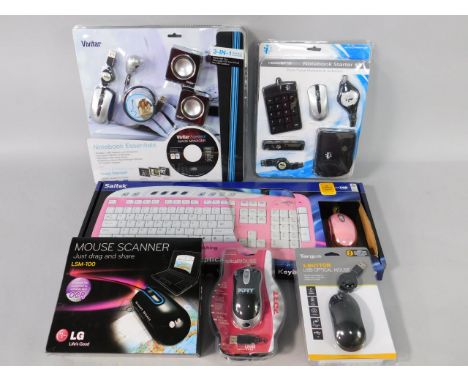 A Vivitar Notebook Essentials pack, an I-Concept Notebook starter kit, a LG mouse scanner, a Saitek keyboard multimedia, a Ta