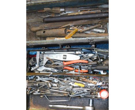 A lead lined wooden tool chest, containing assorted tools, 67cm x 24.5cm x 20.5cm, and a further metal tool box containing va