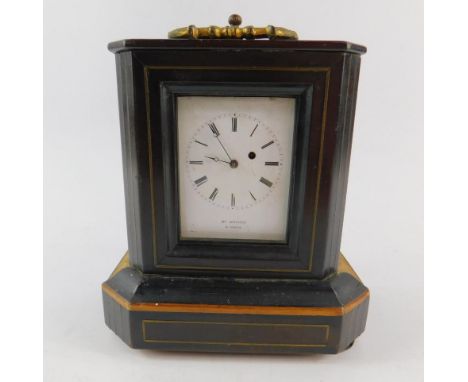 A French late 19thC mahogany and brass inlaid repeater mantel clock, for Ed.Boucly a Paris, enamel dial bearing Roman numeral