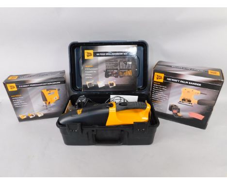 A JCB hand held vacuum cleaner, 180w palm sander, 710w pendulum action jigsaw and 100 piece drill accessory set, all boxed, (